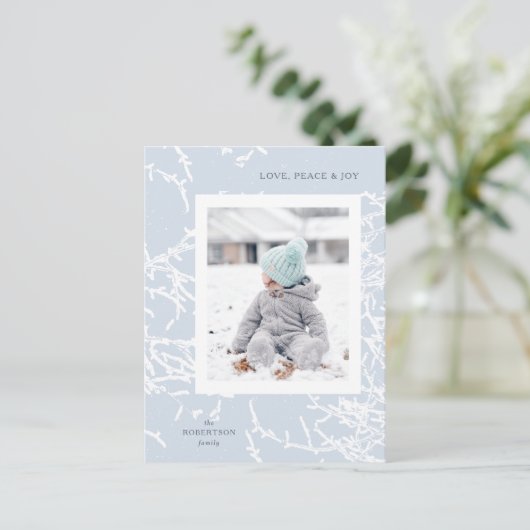 Blauw & Wit Sneeuwtakken Vakantie Foto Briefkaart (Staand voorkant)