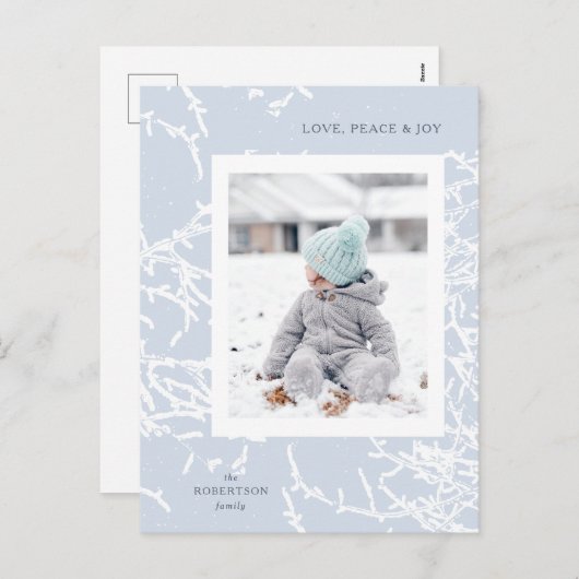 Blauw & Wit Sneeuwtakken Vakantie Foto Briefkaart (Voorkant / Achterkant)