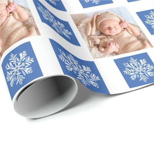 Blauw Wit Sneeuwvlok Foto Kerstvakantie Cadeaupapier (Rol Hoek)