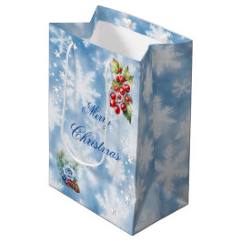 Blauw Wit Sneeuwvlok Holly Bessen Vrolijk Kerstfee Medium Cadeauzakje