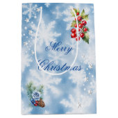 Blauw Wit Sneeuwvlok Holly Bessen Vrolijk Kerstfee Medium Cadeauzakje (Voorkant)