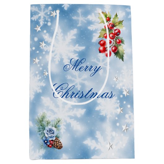 Blauw Wit Sneeuwvlok Holly Bessen Vrolijk Kerstfee Medium Cadeauzakje (Voorkant)
