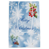 Blauw Wit Sneeuwvlok Holly Bessen Vrolijk Kerstfee Medium Cadeauzakje (Achterkant)