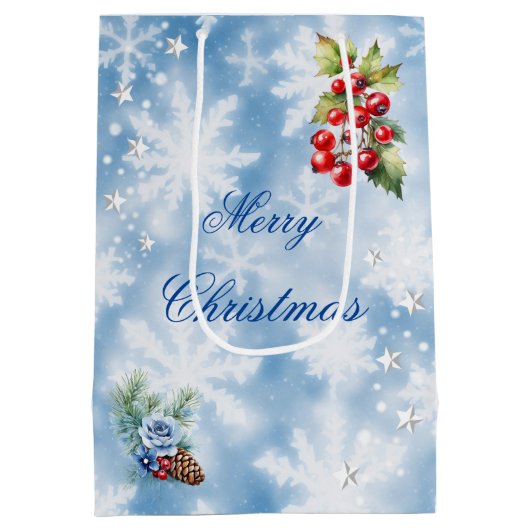Blauw Wit Sneeuwvlok Holly Bessen Vrolijk Kerstfee Medium Cadeauzakje (Achterkant)