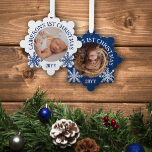 Blauw Wit Sneeuwvlokken Baby's 1e Kerstmis Ornament Kaart