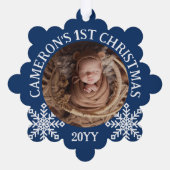 Blauw Wit Sneeuwvlokken Baby's 1e Kerstmis Ornament Kaart (Achterkant)