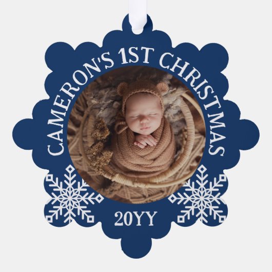 Blauw Wit Sneeuwvlokken Baby's 1e Kerstmis Ornament Kaart (Achterkant)