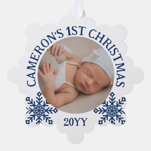 Blauw Wit Sneeuwvlokken Baby's 1e Kerstmis Ornament Kaart (Voorkant)