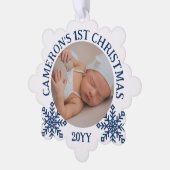 Blauw Wit Sneeuwvlokken Baby's 1e Kerstmis Ornament Kaart (Links)
