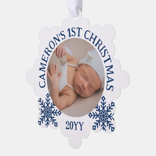 Blauw Wit Sneeuwvlokken Baby's 1e Kerstmis Ornament Kaart (Links)