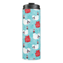 BLAUW & WIT SNEEUWVLOKKEN MET POLAR BEER FAMILIE THERMOSBEKER