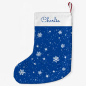 Blauw wit Snowflakes sterpatroon met naam Kleine Kerstsok (Achterkant)