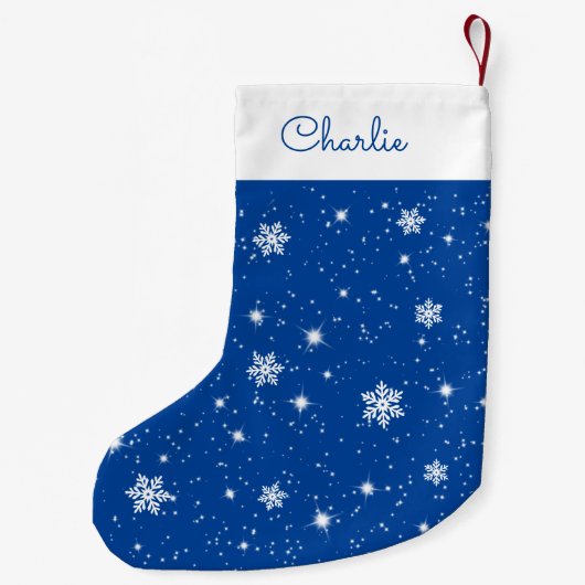 Blauw wit Snowflakes sterpatroon met naam Kleine Kerstsok (Achterkant)