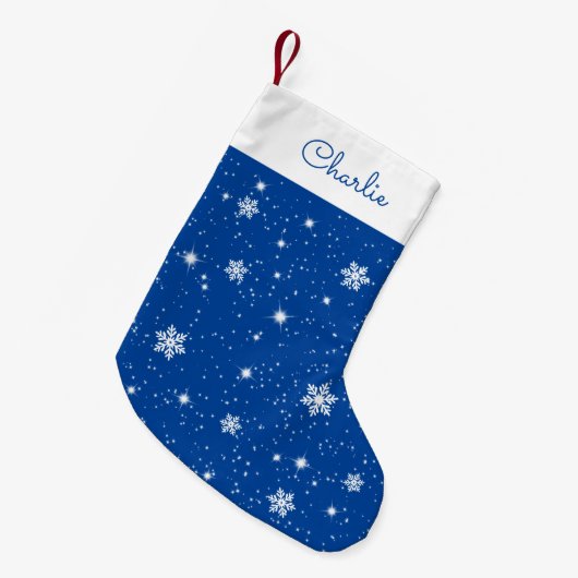 Blauw wit Snowflakes sterpatroon met naam Kleine Kerstsok (Voorkant (Hangend))