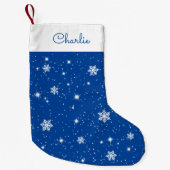 Blauw wit Snowflakes sterpatroon met naam Kleine Kerstsok (Voorkant)