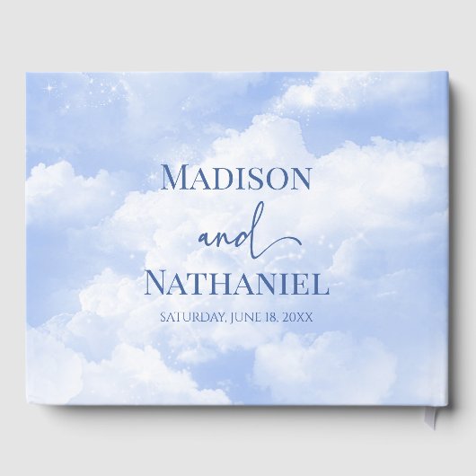Blauw Wit Sparkle Wolken Dromerige Elegante Bruilo Gastenboek (Achterkant)