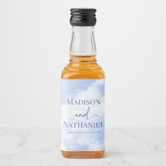 Blauw Wit Sparkle Wolken Dromerige Elegante Bruilo Likeurfles Etiket (Voorkant)