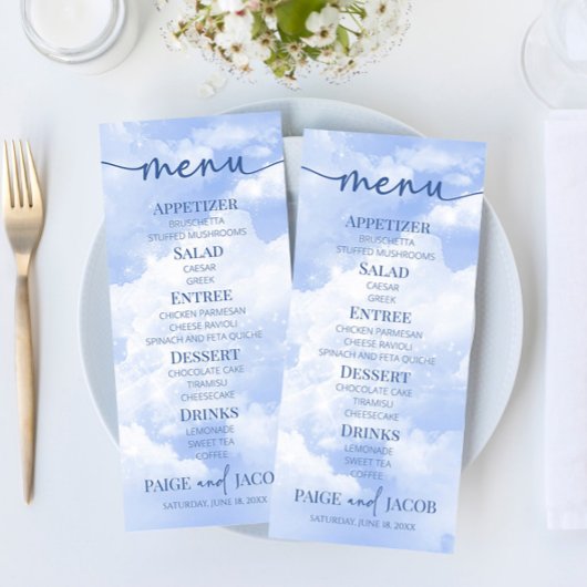 Blauw Wit Sparkle Wolken Dromerige Elegante Bruilo Menu