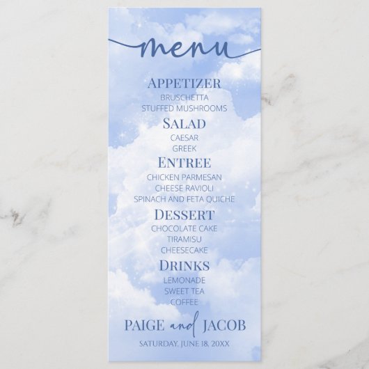 Blauw Wit Sparkle Wolken Dromerige Elegante Bruilo Menu (Voorkant)