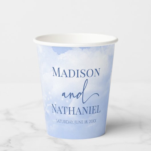 Blauw Wit Sparkle Wolken Dromerige Elegante Bruilo Papieren Bekers (Achterkant)