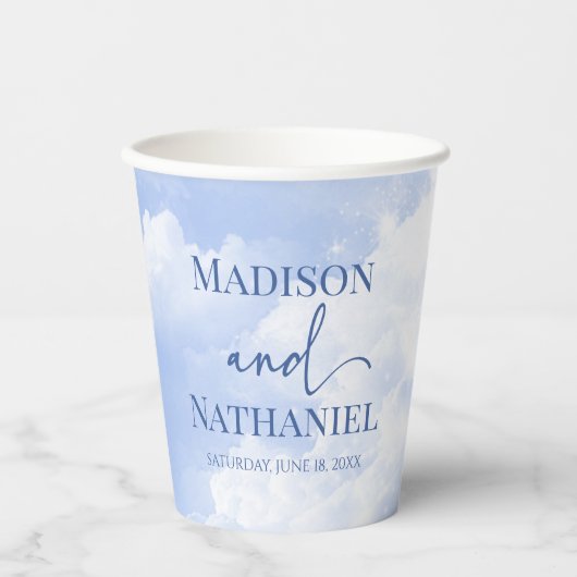 Blauw Wit Sparkle Wolken Dromerige Elegante Bruilo Papieren Bekers (Voorkant)
