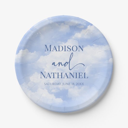 Blauw Wit Sparkle Wolken Dromerige Elegante Bruilo Papieren Bordje (Voorkant)