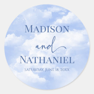 Blauw Wit Sparkle Wolken Dromerige Elegante Bruilo Ronde Sticker