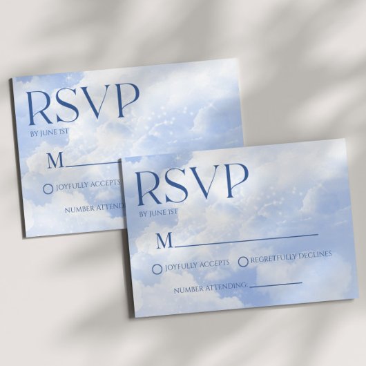 Blauw Wit Sparkle Wolken Dromerige Elegante Bruilo RSVP Kaartje