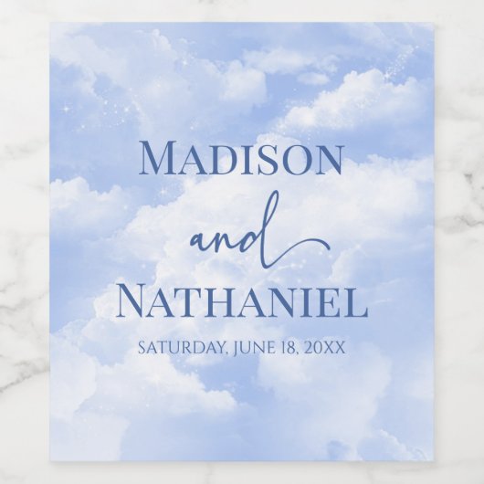 Blauw Wit Sparkle Wolken Dromerige Elegante Bruilo Wijn Etiket (Enkel label)