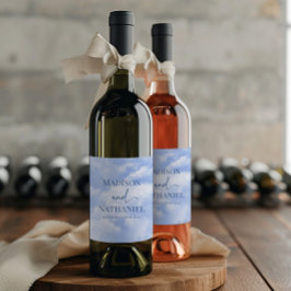 Blauw Wit Sparkle Wolken Dromerige Elegante Bruilo Wijn Etiket