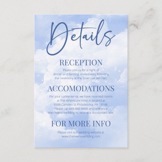 Blauw Wit Sparkle Wolken Elegante Bruiloft Details Informatiekaartje (Voorkant)