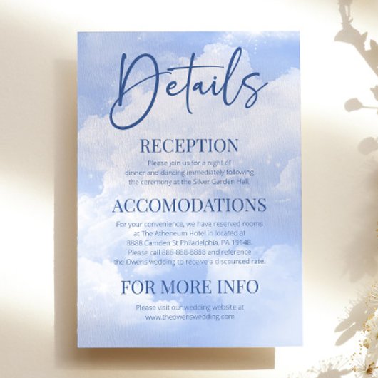Blauw Wit Sparkle Wolken Elegante Bruiloft Details Informatiekaartje