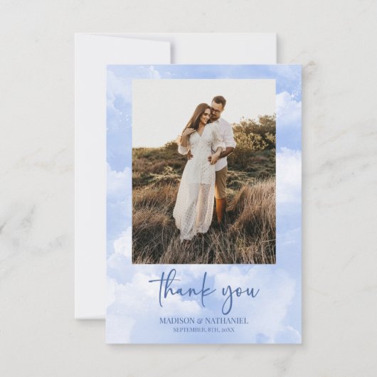 Blauw Wit Sparkle Wolken Huwelijk Custom Foto Bedankkaart (Achterkant)