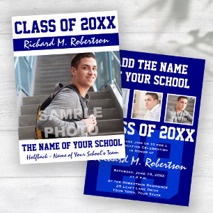 Blauw Wit Sportief Guy's Afstuderen Varsity Nummer Kaart