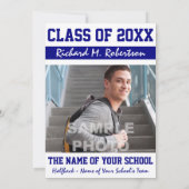 Blauw Wit Sportief Guy's Afstuderen Varsity Nummer Kaart (Achterkant)