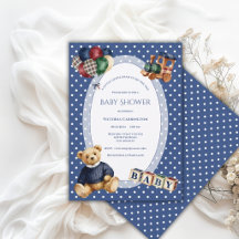 Blauw & Wit Stippen Teddybeer Vintage Speelgoed