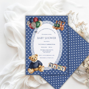 Blauw & Wit Stippen Teddybeer Vintage Speelgoed Kaart