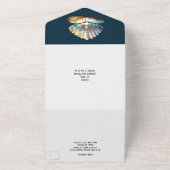 Blauw wit strand schelpen glanzende parelmoer all in one uitnodiging (Buitenkant)