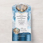 Blauw wit strand schelpen glanzende parelmoer all in one uitnodiging (Binnen)