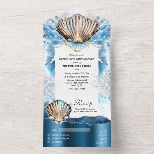 Blauw wit strand schelpen glanzende parelmoer all in one uitnodiging (Binnen)