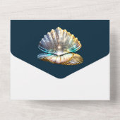 Blauw wit strand schelpen glanzende parelmoer all in one uitnodiging (Achterkant)