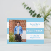 Blauw & wit streep - 3x5 Afstuderen aankondiging (Staand voorkant)