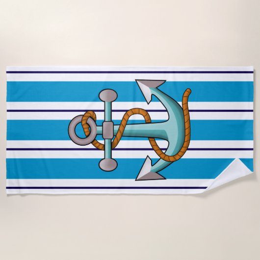 Blauw Wit Streep Anker Nautisch Strandlaken (Voorkant)