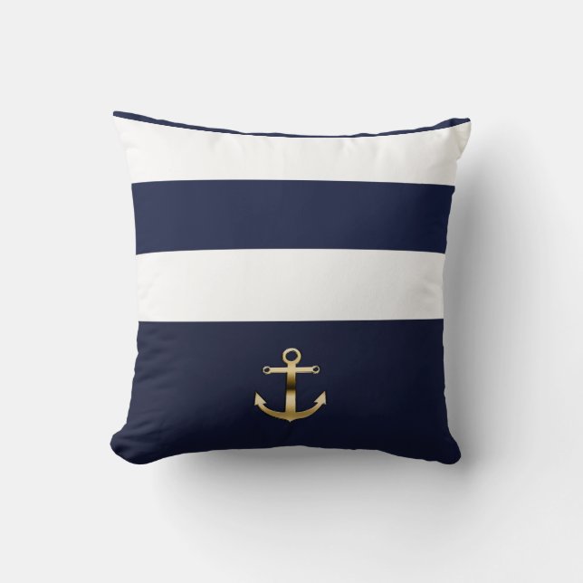 Blauw & Wit Streep Goud Anker Nautische Chic Kussen (Voorkant)