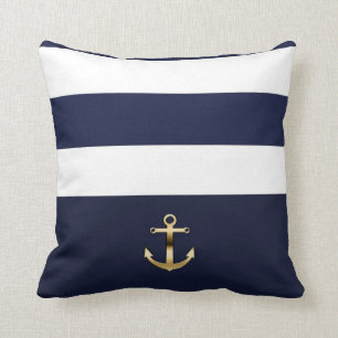 Blauw & Wit Streep Gouden Anker Nautilus Stijl Kussen
