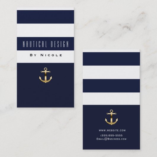 Blauw & Wit Streep Nautisch Goud Anker Visitekaartje (Voorkant / Achterkant)