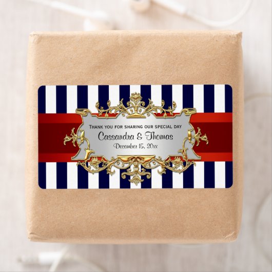 Blauw Wit Streep, Rood Lint H Wijnflesetiket Etiket (Insitu)