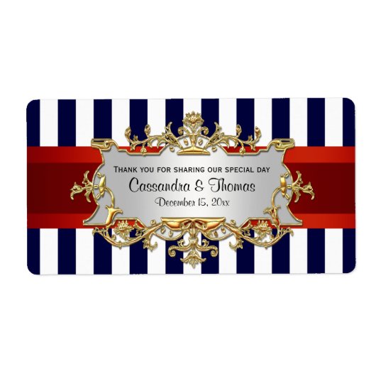 Blauw Wit Streep, Rood Lint H Wijnflesetiket Etiket (Voorkant)