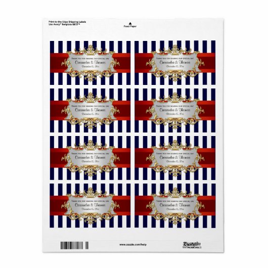 Blauw Wit Streep, Rood Lint H Wijnflesetiket Etiket (Full Sheet)