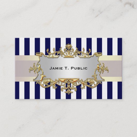 Blauw Wit Streep, Wit Lint, Goud Ingelijst Etiket Visitekaartje (Voorkant)